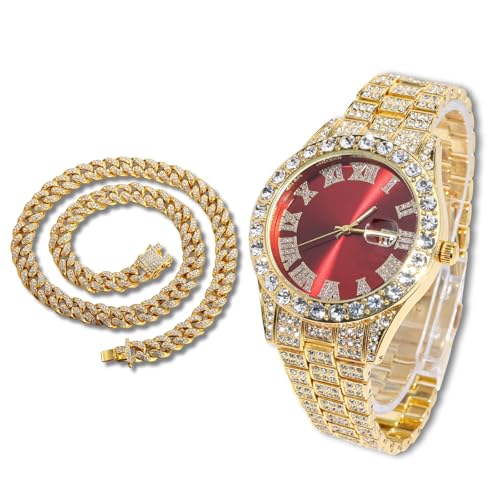 richhut Diamantuhr für Herren Iced Out Rotes Ziffernblatt 18MM Breites Band 18K Echtgold Plattiert, mit 45cm Cuban-Link-Kette, Geschenk für Freund Ehemann richhut Diamantuhr für Herren Iced Out Rotes Ziffernblatt 18MM Breites Band 18K Echtgold Plattiert, mit 45cm Cuban-Link-Kette, Geschenk für Freund Ehemann von richhut