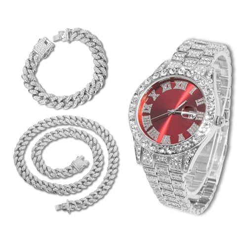 richhut Diamantuhr für Herren Iced Out Rotes Ziffernblatt 18MM Breites Band Weißgold Platin Plattiert, mit 20+45cm Cuban-Link-Ketten, Geschenk für Freund Ehemann von richhut