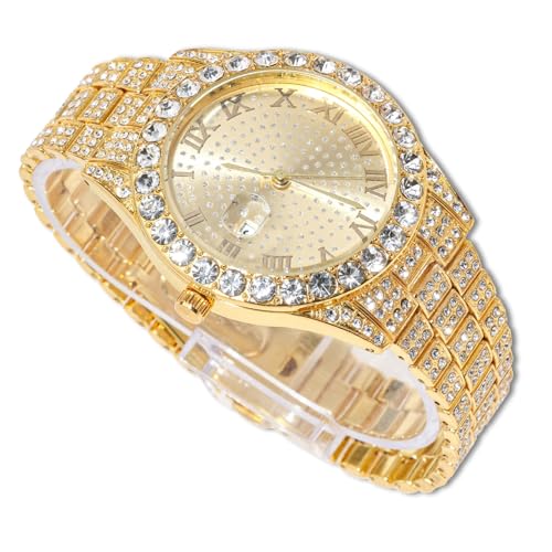 richhut Diamantuhr für Herren Iced Out Rundes Ziffernblatt 18MM Breites Band 18K Echtgold Plattiert, Geschenk für Freund Ehemann von richhut