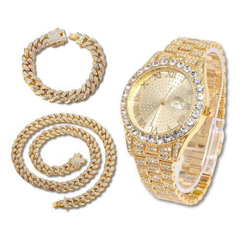 richhut Diamantuhr für Herren Iced Out Rundes Ziffernblatt 18MM Breites Band 18K Echtgold Plattiert, mit 20+45cm Cuban-Link-Ketten, Geschenk für Freund Ehemann richhut Diamantuhr für Herren Iced Out Rundes Ziffernblatt 18MM Breites Band 18K Echtgold Plattiert, mit 20+45cm Cuban-Link-Ketten, Geschenk für Freund Ehemann von richhut