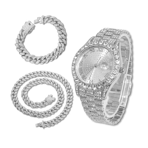 richhut Diamantuhr für Herren Iced Out Rundes Ziffernblatt 18MM Breites Band Weißgold Platin Plattiert, mit 20+45cm Cuban-Link-Ketten, Geschenk für Freund Ehemann richhut Diamantuhr für Herren Iced Out Rundes Ziffernblatt 18MM Breites Band Weißgold Platin Plattiert, mit 20+45cm Cuban-Link-Ketten, Geschenk für Freund Ehemann von richhut