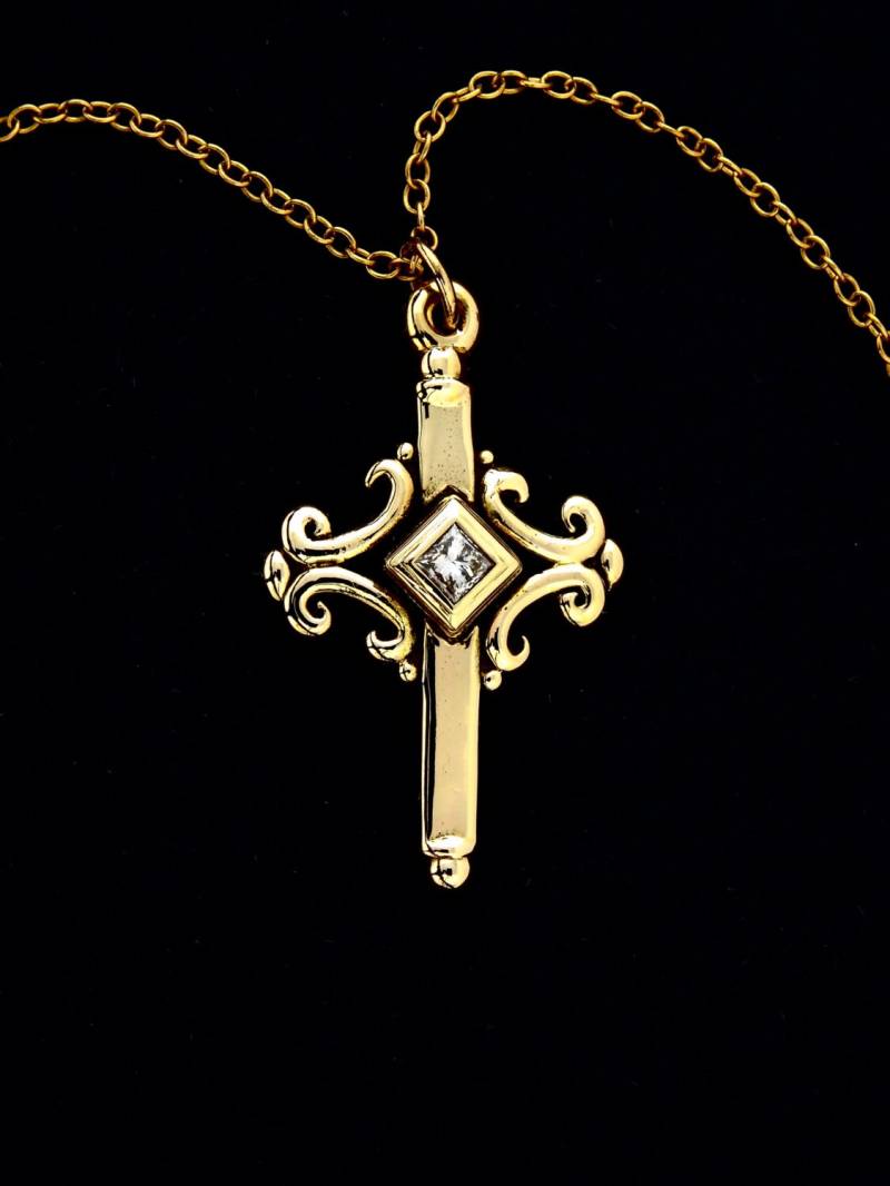 Goldene Kreuz Halskette - Handarbeit 14 Kt Gold "Faith" Mit Einer.15 Pt-Prinzessin Schnitt Diamant Und 18" Kette von rickmahonskigold