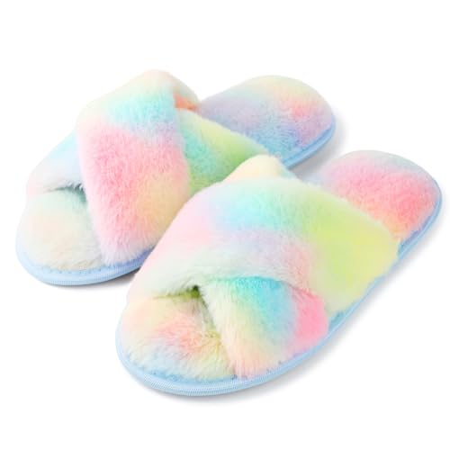 riemot Hausschuhe Damen Winter Plüsch Pantoffeln Memory-Schaum Warme Hausschlappen Bequeme Rutschfeste Flauschige Slipper, Regenbogenfarben, gr.36-37 von riemot