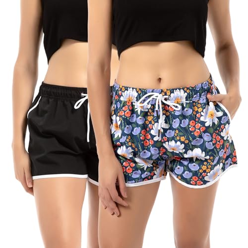 riemot 2 Pack Badeshorts Damen Schnelltrocknend Kurze Sporthose Yogahose Trainingshose Atmungsaktiv Schwimmshorts Sommer Badehose UV Schutz Strandshorts Boardshorts,Schwarz Blumenmuster,XXL von riemot