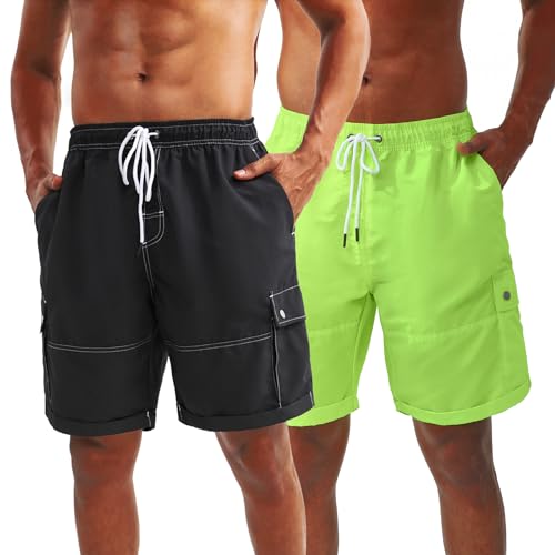 riemot 2 Pack Badeshorts Herren Schnelltrocknend Badehose Atmungsaktiv Sporthose Trainingshose Kurzen Strandhose Boardshorts mit Mesh-Futter und Verstellbarem Tunnelzug,Schwarz Neon Grün,L von riemot