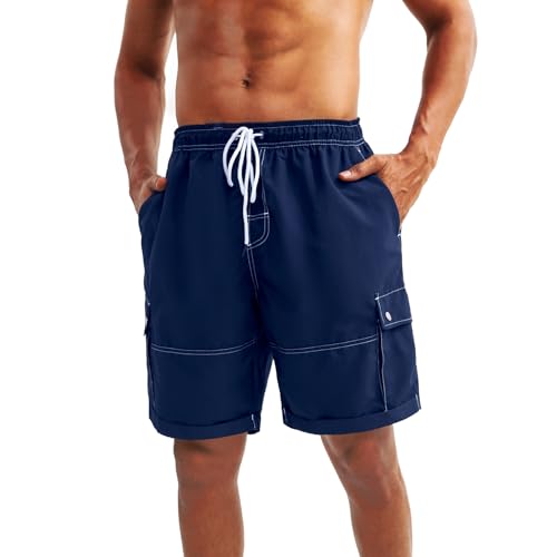 riemot Badeshorts Herren Schnelltrocknend Badehose Atmungsaktiv Sporthose Trainingshose Kurzen Strandhose Boardshorts mit Mesh-Futter und Verstellbarem Tunnelzug,Marineblau,L von riemot