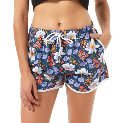 riemot Badeshorts Damen Schnelltrocknend Kurze Sporthose Trainingshose Yogahose Sommer Badehose Atmungsaktiv Schwimmshorts UV Schutz Strandshorts Boardshorts Mit Tasche und Gummizug,Blumenmuster,S von riemot