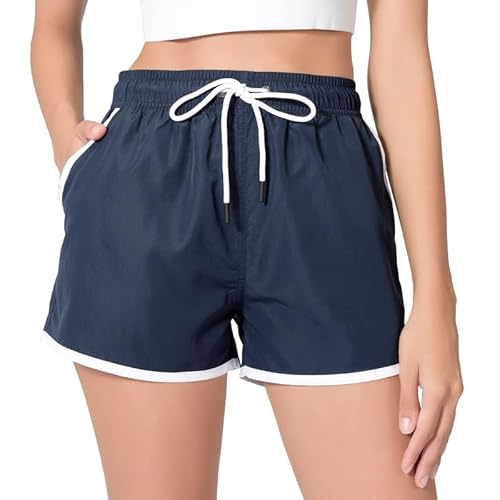 riemot Badeshorts Damen Schnelltrocknend Kurze Sporthose Trainingshose Yogahose Sommer Badehose Atmungsaktiv Schwimmshorts UV Schutz Strandshorts Boardshorts Mit Tasche und Gummizug,Marineblau,XL von riemot