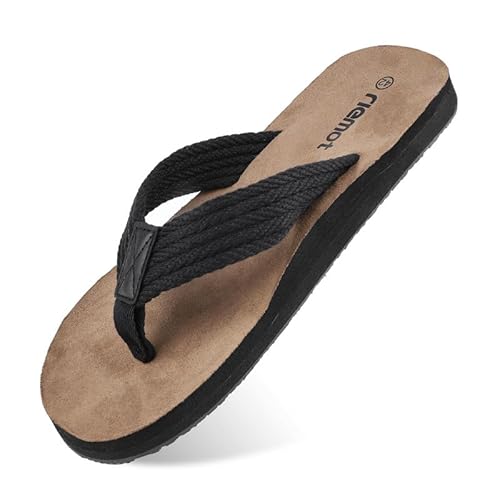 riemot Flip Flops Herren Zehentrenner Sommer Weich Badelatschen Strandschuhe mit Arch Support Sandalen Rutschfest Hausschuhe Pantoletten Schwarz EU42 von riemot