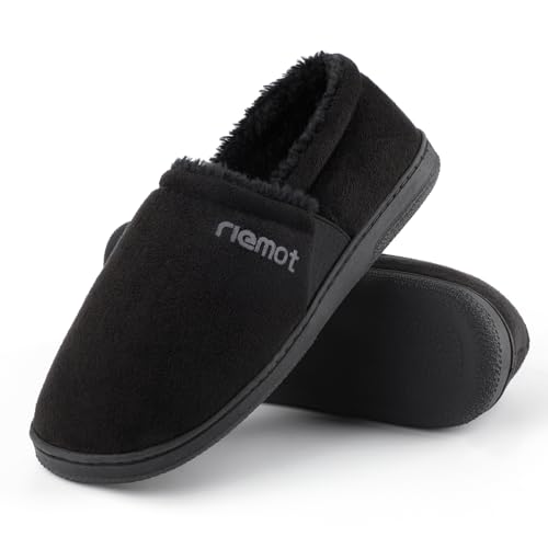 riemot Herren-Mokassin-Hausschuhe, warm, weich, Memory-Schaum, Slipper, Microveloursleder, für drinnen und draußen, mit flauschigem Futter, Schwarz, Größe 44 von riemot