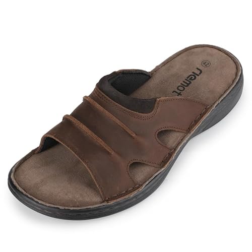 riemot Herren Pantoletten Leder Sommer Slide Sandalen Bequeme Latschen Leicht Weiche Gummisohle Slipper Schuhe Meer Strand Outdoor Hausschuhe Braun EU45 von riemot