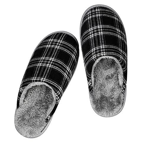 riemot Herren Hausschuhe Warm Plüsch Winter Pantoffeln Weiche Atmungsaktive rutschfeste Slipper für Indoor & Outdoor Schwarz Weiß Kariert 42/43 EU von riemot