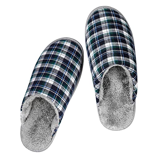 riemot Herren Hausschuhe Warm Plüsch Winter Pantoffeln Weiche Atmungsaktive rutschfeste Slipper für Indoor & Outdoor Blau Weiß Kariert 42/43 EU von riemot