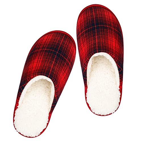 riemot Herren Hausschuhe Warm Plüsch Winter Pantoffeln Weiche Atmungsaktive rutschfeste Slipper für Indoor & Outdoor Schwarz Rot Kariert 42/43 EU von riemot