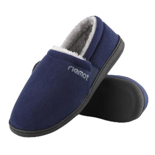 riemot Memory Foam Mokassin Hausschuhe Herren Plüsch Fleece Warme Wildleder Pantoffeln Rutschfeste Gummisohle für den Innen- und Außenbereich mit beidseitigen elastischen Riemen Blau Gr.44 von riemot