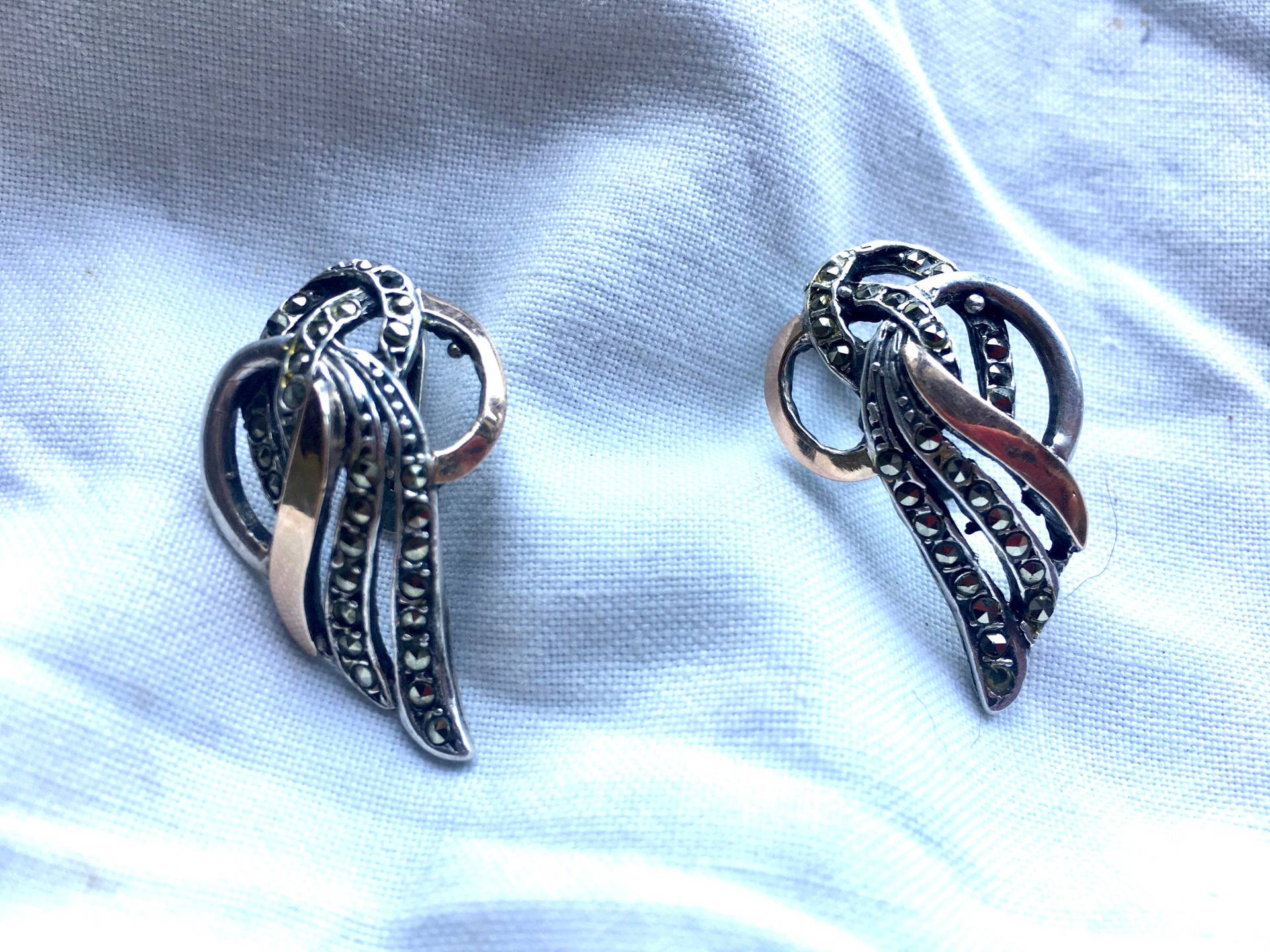 Vintage Silberohrringe Mit Markasiten Und Gold - 50Er Jahre von riessaykel