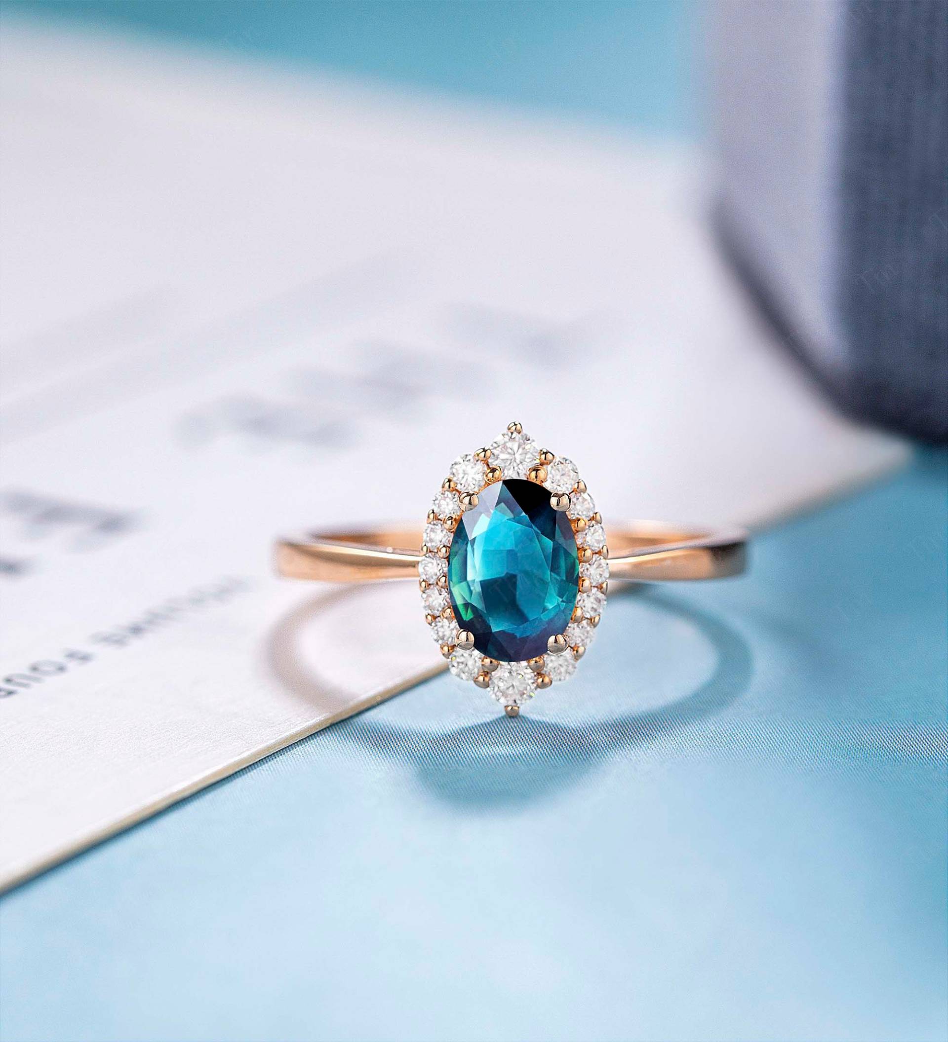 Blau Grün Saphir Verlobungsring Oval Unikat Vintage Art Deco Gold Ring Jahrestag Geschenk Frauen Moissanit von ringjewelryshop