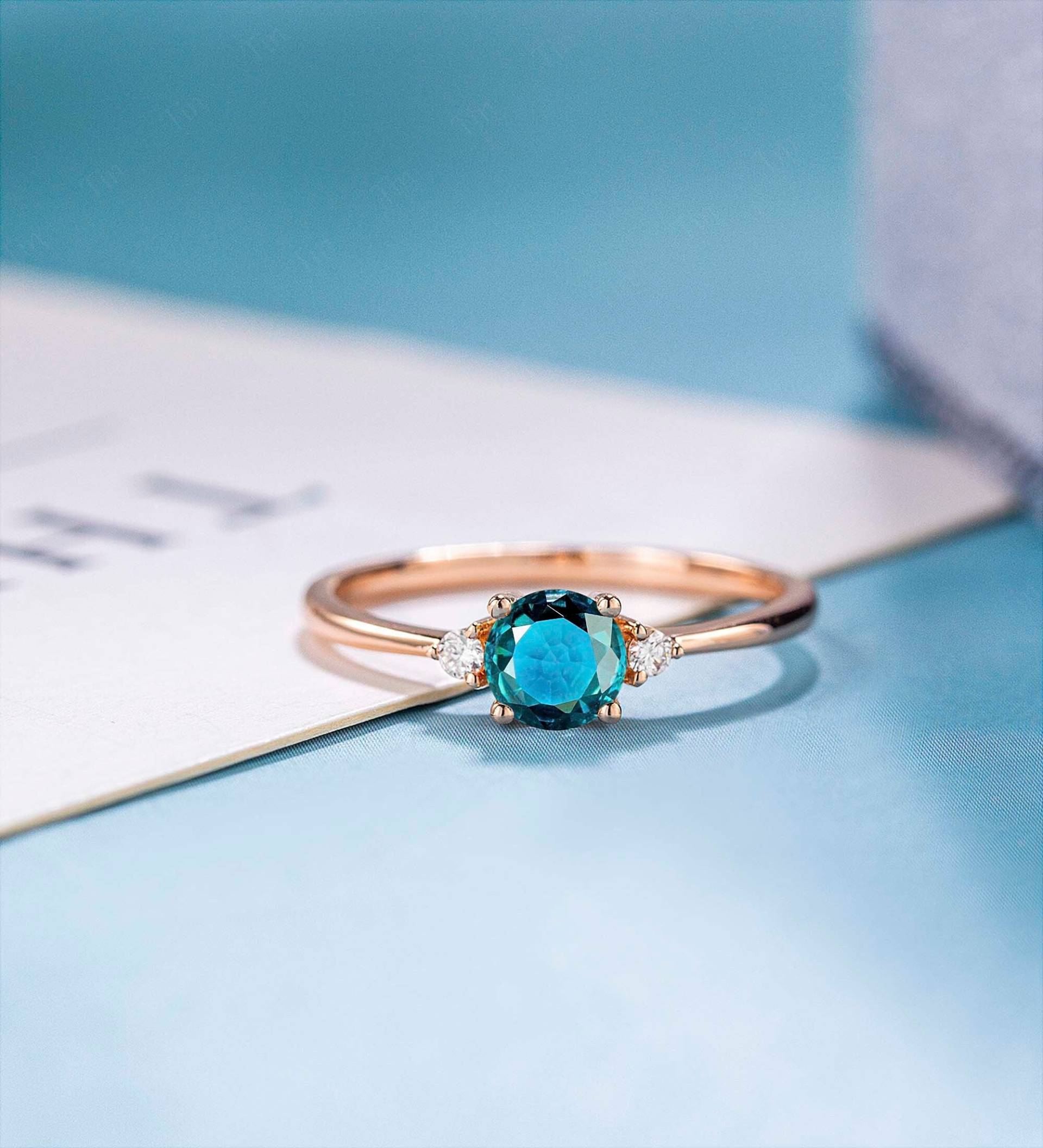 Blau Grüner Saphir Verlobungsring Unikat Vintage Roségold Ring Für Frauen Diamant Art Deco Moissanit Jahrestag Geschenk Sie von ringjewelryshop