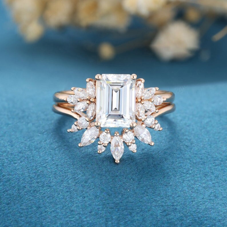 Rose Gold Emerald Cut Moissanite Verlobungsring Set Vintage Cluster Marquise Diamant Hochzeit Brautversprechen Geschenk Für Frauen von ringjewelryshop