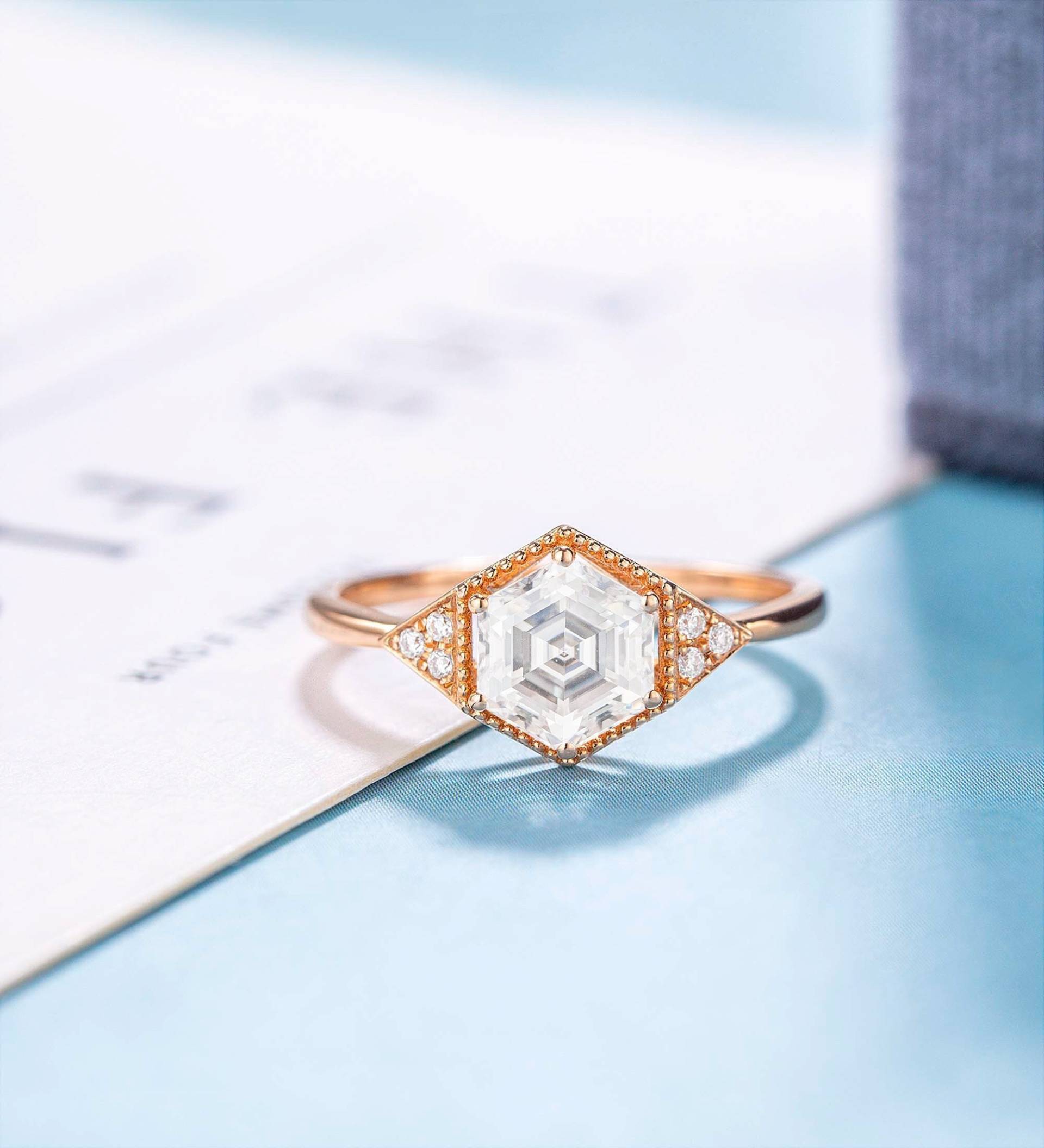 Sechseckschliff Moissanit Verlobungsring Roségoldring Vintage Für Frauen Art Deco Jahrestag Geschenk Diamant von ringjewelryshop