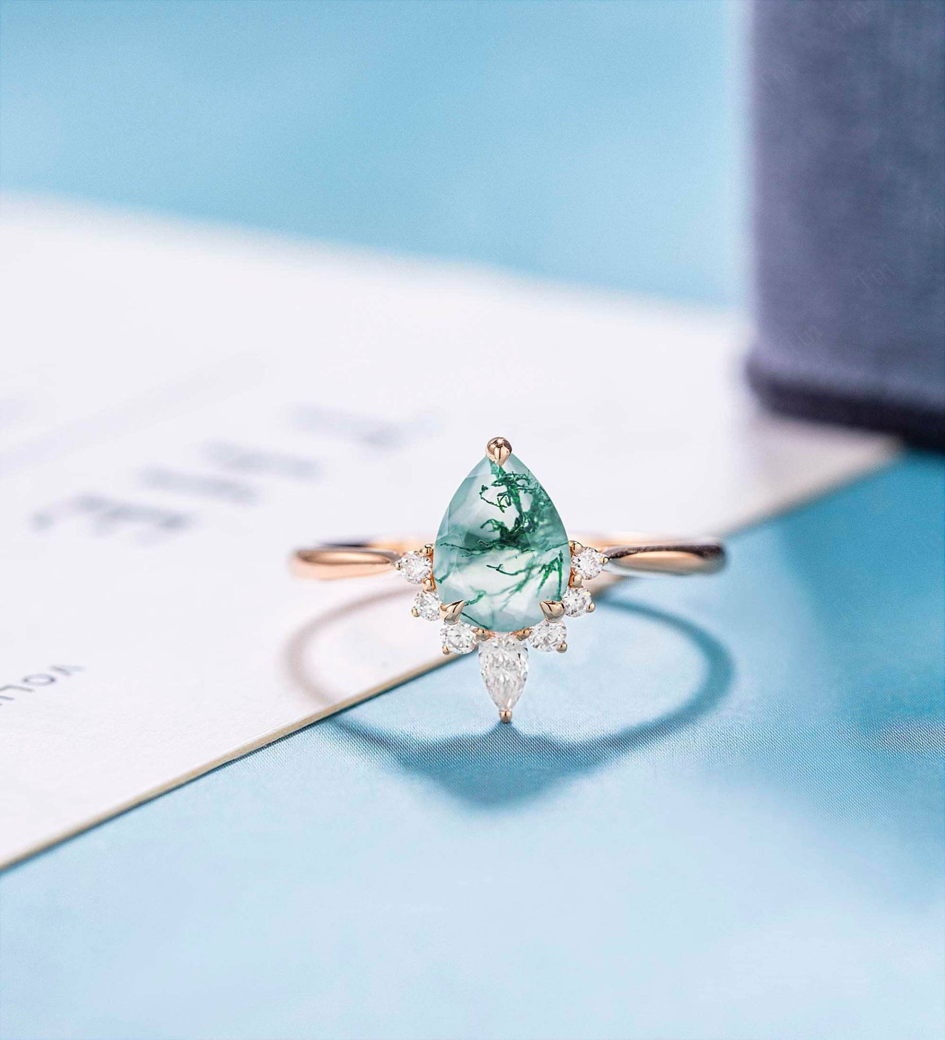 Vintage Einzigartiger Verlobungsring Moos Achat Birnenförmiger Diamant Moissanit Jahrestag Geschenk Sie Roségold Ring Art Deco Frauen von ringjewelryshop