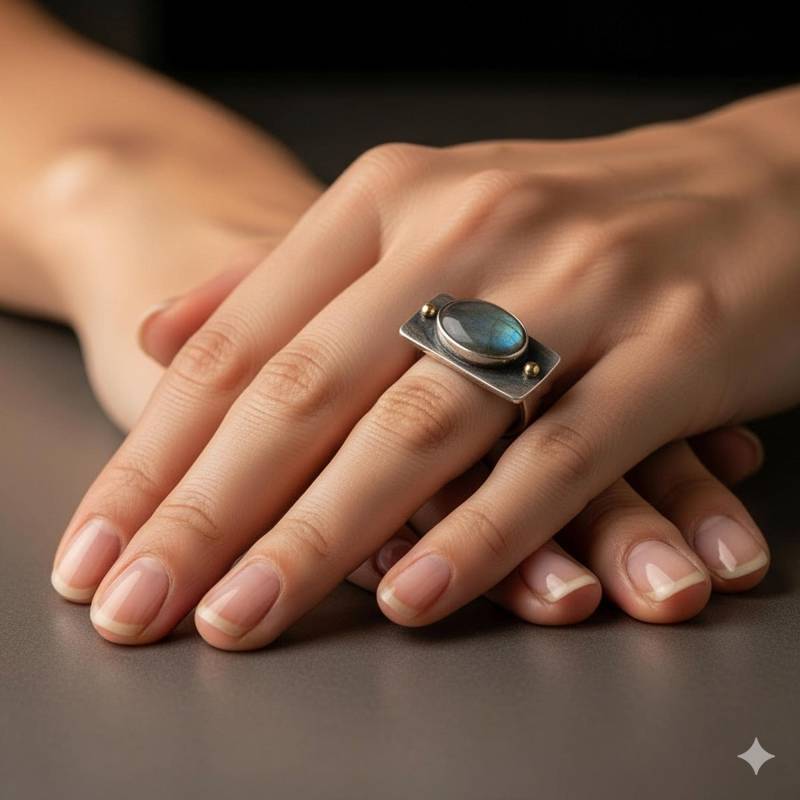 Handgemachter Silberring Mit Labradorit Ovaler Edelstein 585Er Gold von rioritajewelry