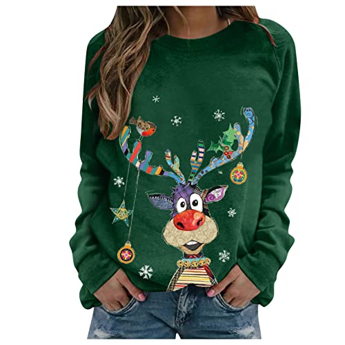 2023 Weihnachtspullover Damen Lustig Rentier Elfe Langarm Oberteile Weihnachtspulli Herbst Winter Rundhals Langarmshirt Pullover Christmas Print Pulli Jumper Weihnachten Sweatshirt Top von riou