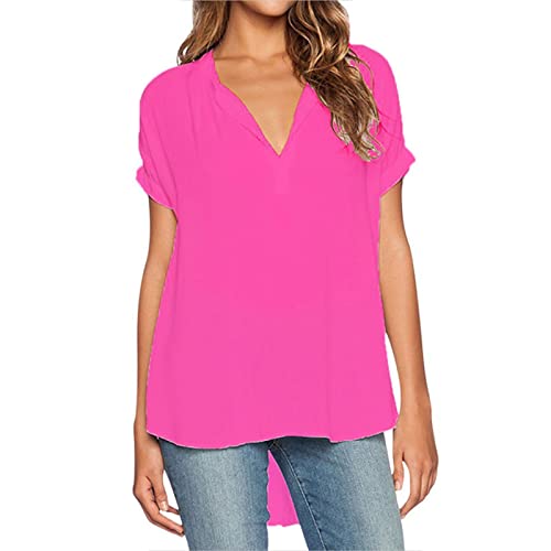 Damen Lange Hülsen Bluse Damen Damen V-Ausschnitt Kurzarm vorne kurz hinten lang fest locker Damen Chiffon Shirt Top Damen Bluse Elegant Sexy (B, XXL) von riou