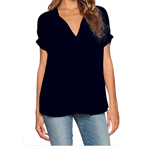 Damen Lange Hülsen Bluse Damen Damen V-Ausschnitt Kurzarm vorne kurz hinten lang fest locker Damen Chiffon Shirt Top Damen Bluse Elegant Sexy (Black, L) von riou