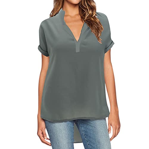 Damen Lange Hülsen Bluse Damen Damen V-Ausschnitt Kurzarm vorne kurz hinten lang fest locker Damen Chiffon Shirt Top Damen Bluse Elegant Sexy (Grey, L) von riou