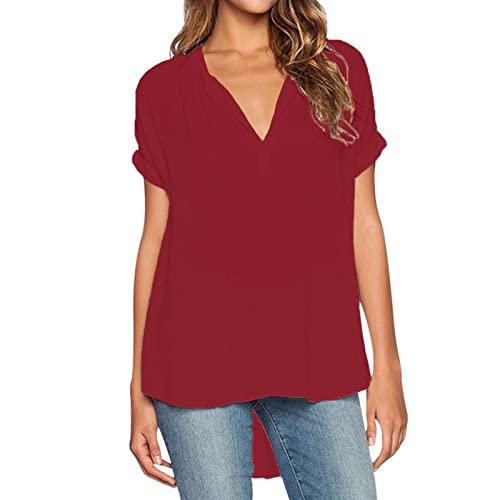 Damen Lange Hülsen Bluse Damen Damen V-Ausschnitt Kurzarm vorne kurz hinten lang fest locker Damen Chiffon Shirt Top Damen Bluse Elegant Sexy (Red, XL) von riou