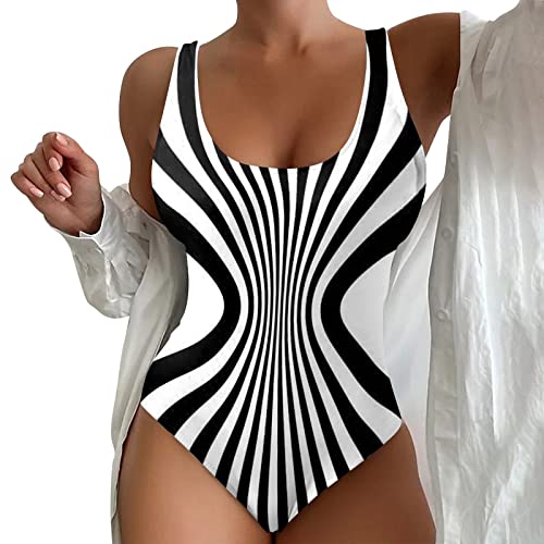 riou Badeanzug Reißverschluss Hinten 2023 Damen-, 1-teilig, Damen-Strand-Badeanzug, 3D-gedruckt, europäischer und amerikanischer Sommer Bikini Schwarz Weiß Gestreift (White, XXL) von riou