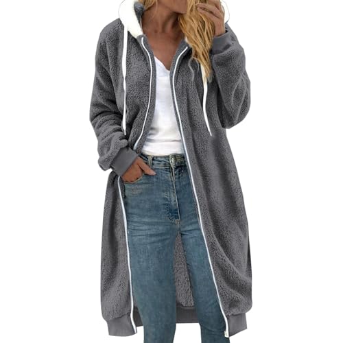 riou Damen Fleecejacke Große größen Extra Lang Sweatjacke mit Reißverschluss Winter Warm Kapuzenjacke Flanell Hoodie Jacke Bequem Leichte Flanellmantel Kapuzenpullover Plüsch Freizeitjacke Outwear von riou