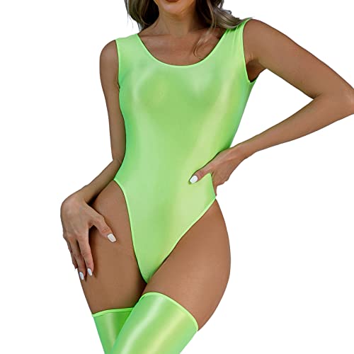riou Dessous Set Kostüm Großer, öliger, seidiger, glänzender T-Schritt-Bodysuit für Damen, transparente, sexy Dessous Sexy Dessous Set Schwarz (Green, L) von riou