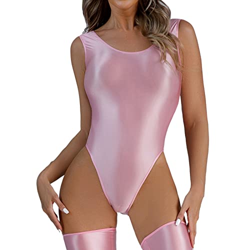 riou Dessous Set Kostüm Großer, öliger, seidiger, glänzender T-Schritt-Bodysuit für Damen, transparente, sexy Dessous Sexy Dessous Set Schwarz (Pink, L) von riou