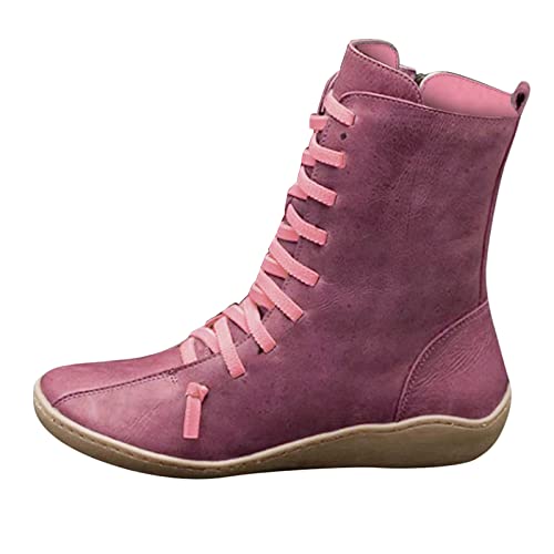 riou Stiefeletten Damen Vintage Flach Comfort Mid-Calf Boots Stiefel Wasserdicht Ankle Boots Winterstiefel Herbst Schuhe Kurzstiefel Schwarz Boots Winterschuhe Schnürstiefeletten mit Reißverschluss von riou