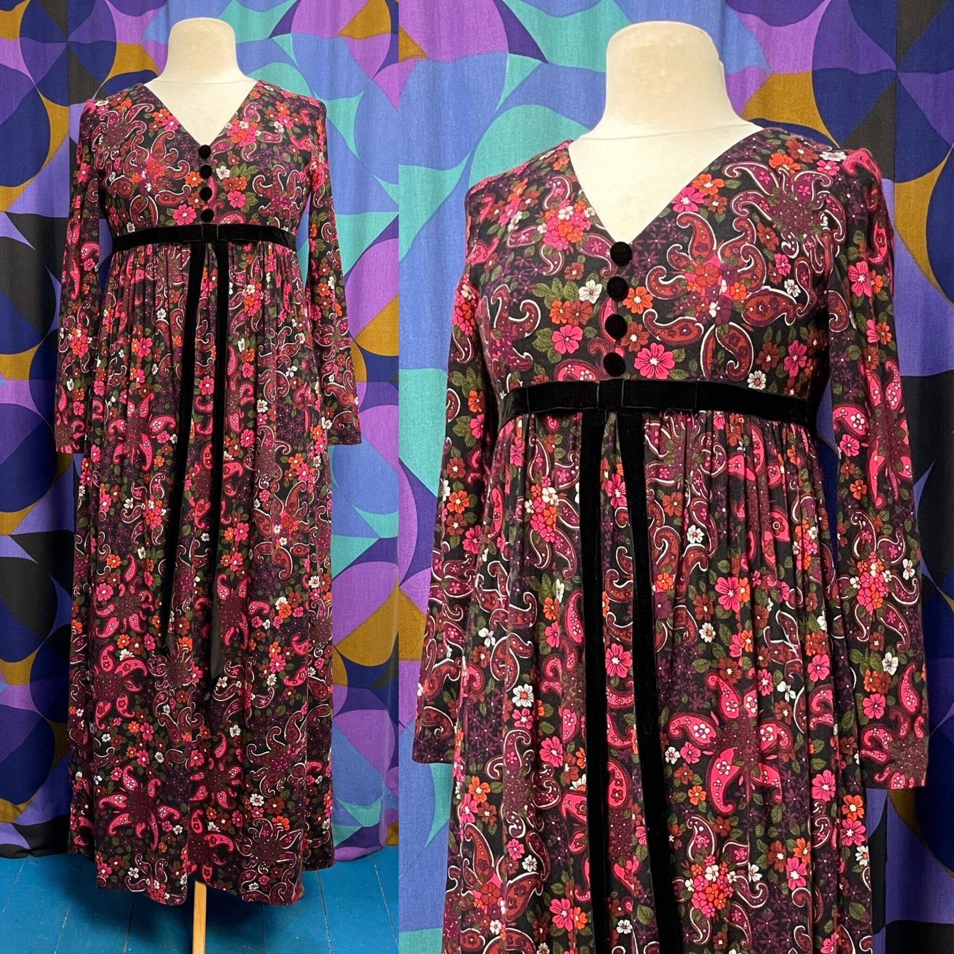 Wunderschönes Vintage 60Er Jahre Psychedelic Paisley Print Langärmeliges Kleid Mit Schwarzer Samtschleife Und Knopfleiste Vorne Detail Uk Größe von ripitupvintage