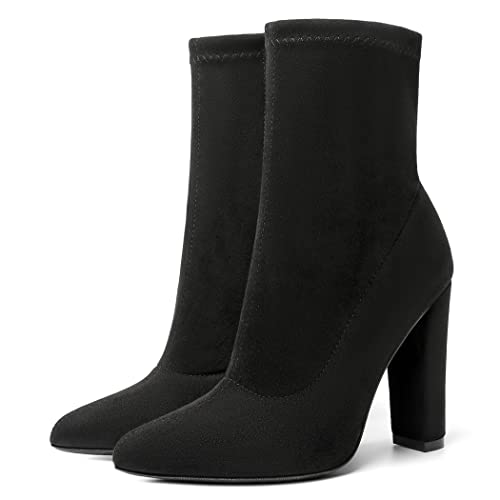 risdoada Damen Socken-Stiefel Chunky Heel Ankle Boots Spitze Toe Elastisches Wildleder Herbst Winter High Heeled Mid Calf Booties, Schwarz, 38 EU von risdoada