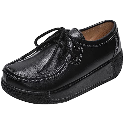 Damen-Plattform schnüren Sich Oben gehende Klassische Leder Fashion Sneakers Schwarz Leder,35 von rismart