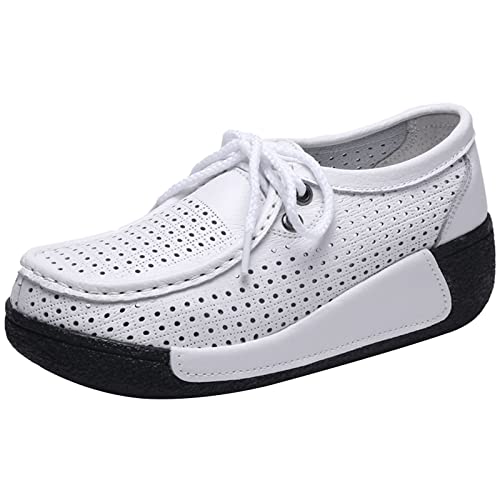 Damen-Plattform schnüren Sich Oben gehende Klassische Leder Fashion Sneakers Weiß Höhle,37 von rismart