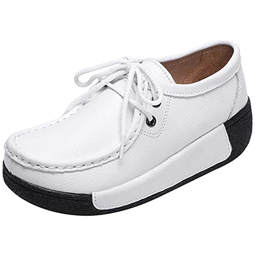 Damen-Plattform schnüren Sich Oben gehende Klassische Leder Fashion Sneakers Weiß Leder,39 von rismart