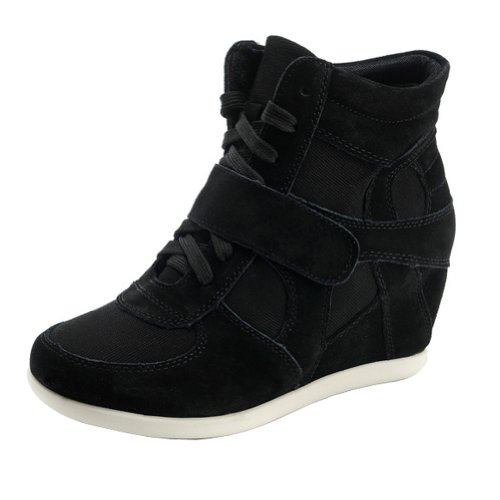 Rismart Damen Niedlich Keil Beiläufig Hakenschleife Wildleder Stoff Sneaker Schuhe, E2schwarz, 36 EU von rismart