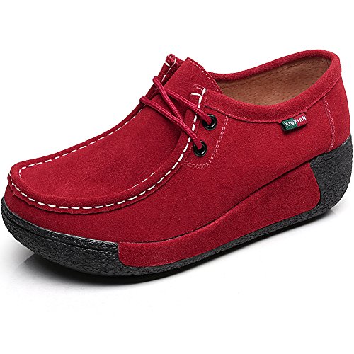 Shenn Damen-Plattform schnüren Sich Oben gehende Wildleder Fashion Sneakers(Rot,EU37.5) von rismart