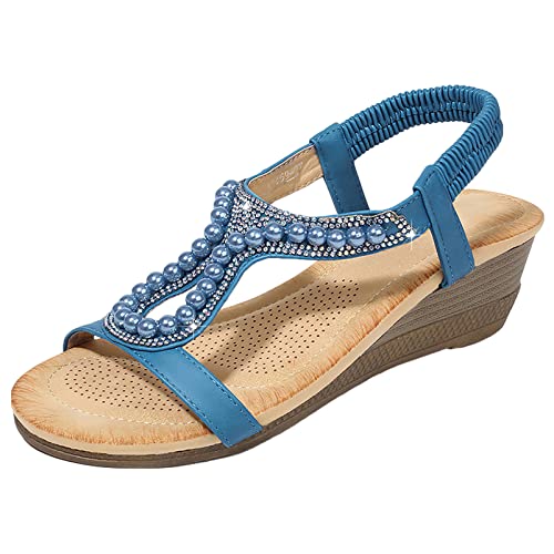 rismart Böhmisch Keil Sandalen Damen mit Strass Perlen Elegant Sommerschuhe Blau,36 von rismart