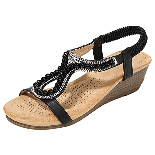 rismart Böhmisch Keil Sandalen Damen mit Strass Perlen Elegant Sommerschuhe Schwarz,38 von rismart