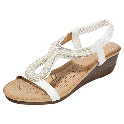 rismart Böhmisch Keil Sandalen Damen mit Strass Perlen Elegant Sommerschuhe Weiß,40 von rismart