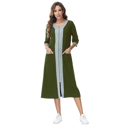 rismart Damen 3/4 Ärmel Nachthemd Reißverschluss Hauskleid Lässig V-Ausschnitt Hausmantel Pyjama Kleid Dunkelgrün,XXL von rismart