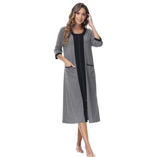 rismart Damen 3/4 Ärmel Nachthemd Reißverschluss Hauskleid Lässig V-Ausschnitt Hausmantel Pyjama Kleid Grau,M von rismart