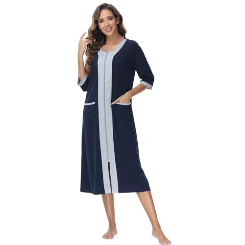 rismart Damen 3/4 Ärmel Nachthemd Reißverschluss Hauskleid Lässig V-Ausschnitt Hausmantel Pyjama Kleid Marineblau,XL von rismart