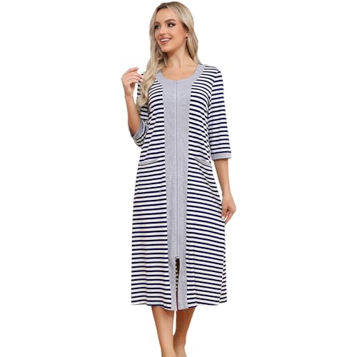 rismart Damen 3/4 Ärmel Nachthemd Reißverschluss Hauskleid Lässig V-Ausschnitt Hausmantel Pyjama Kleid Marineblaue Streifen,XXL von rismart